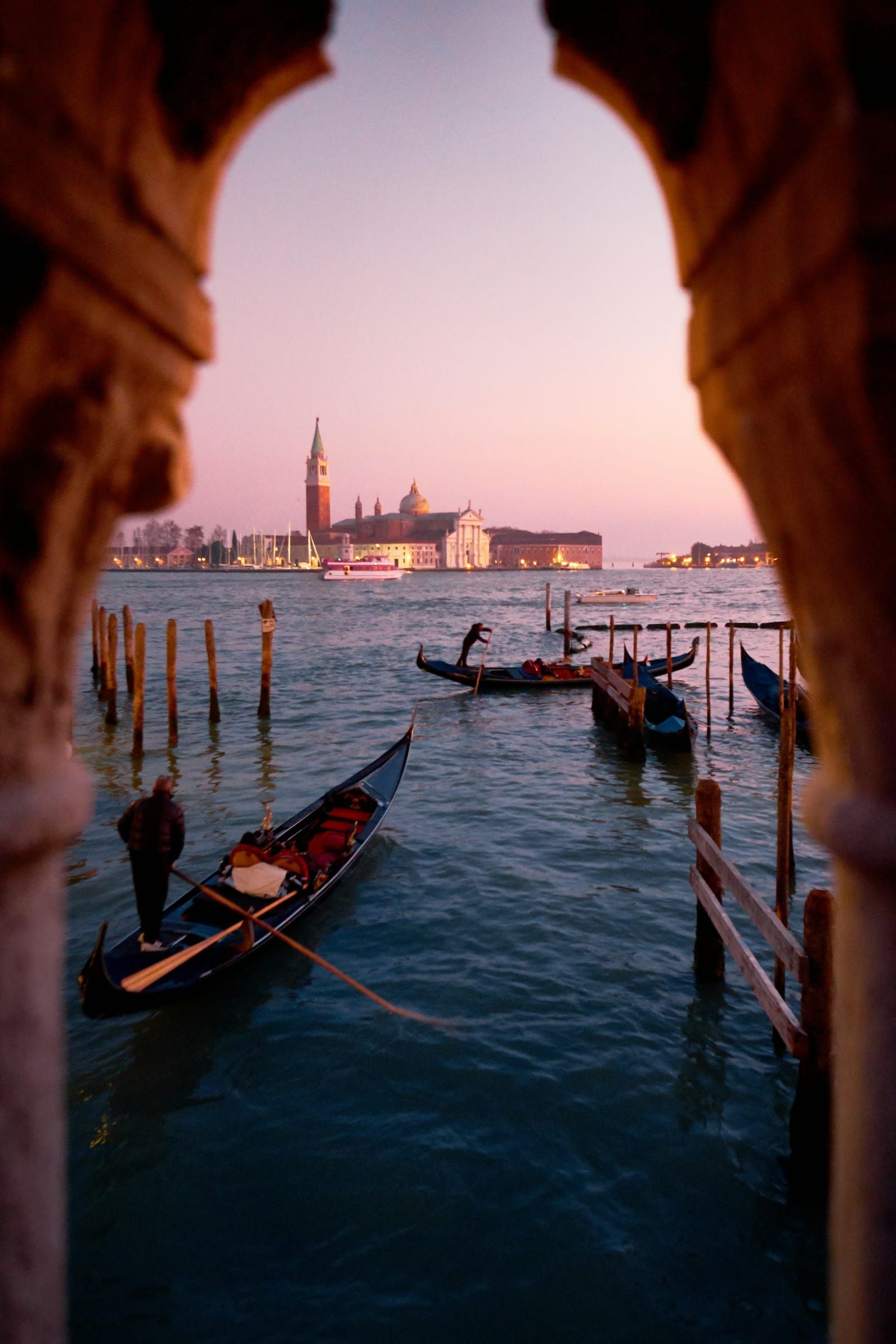 Gondolas moored in front of San Giorgio Maggiore, Venice